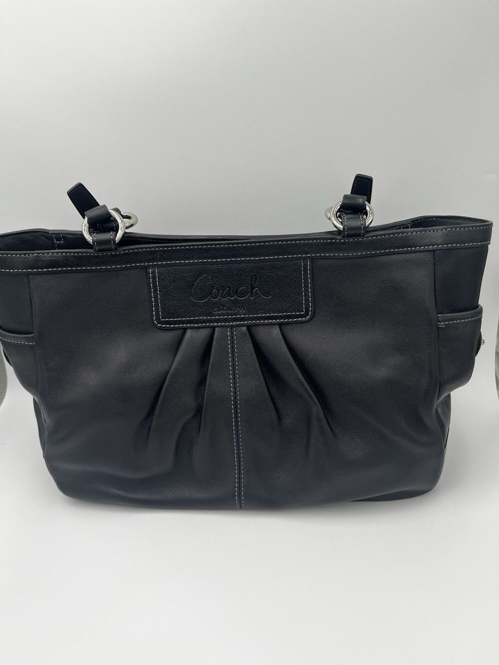 Coach Gallery F13759 Black Leather Pleated Tote Shoulder Bag Purple Lined